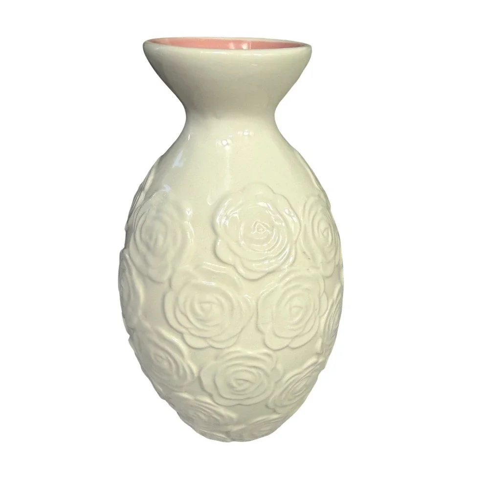 Sandra Magsamen Cream Embossed Rose Ceramic Vase Pink‎ Interior Floral Decor